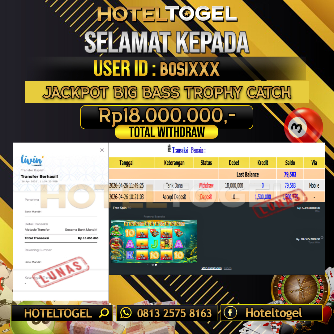 HOTELTOGEL JACKPOT SLOT BIG BASS TROPHY CATCH Rp.18.000.000 - LUNAS USER ID : NAND***