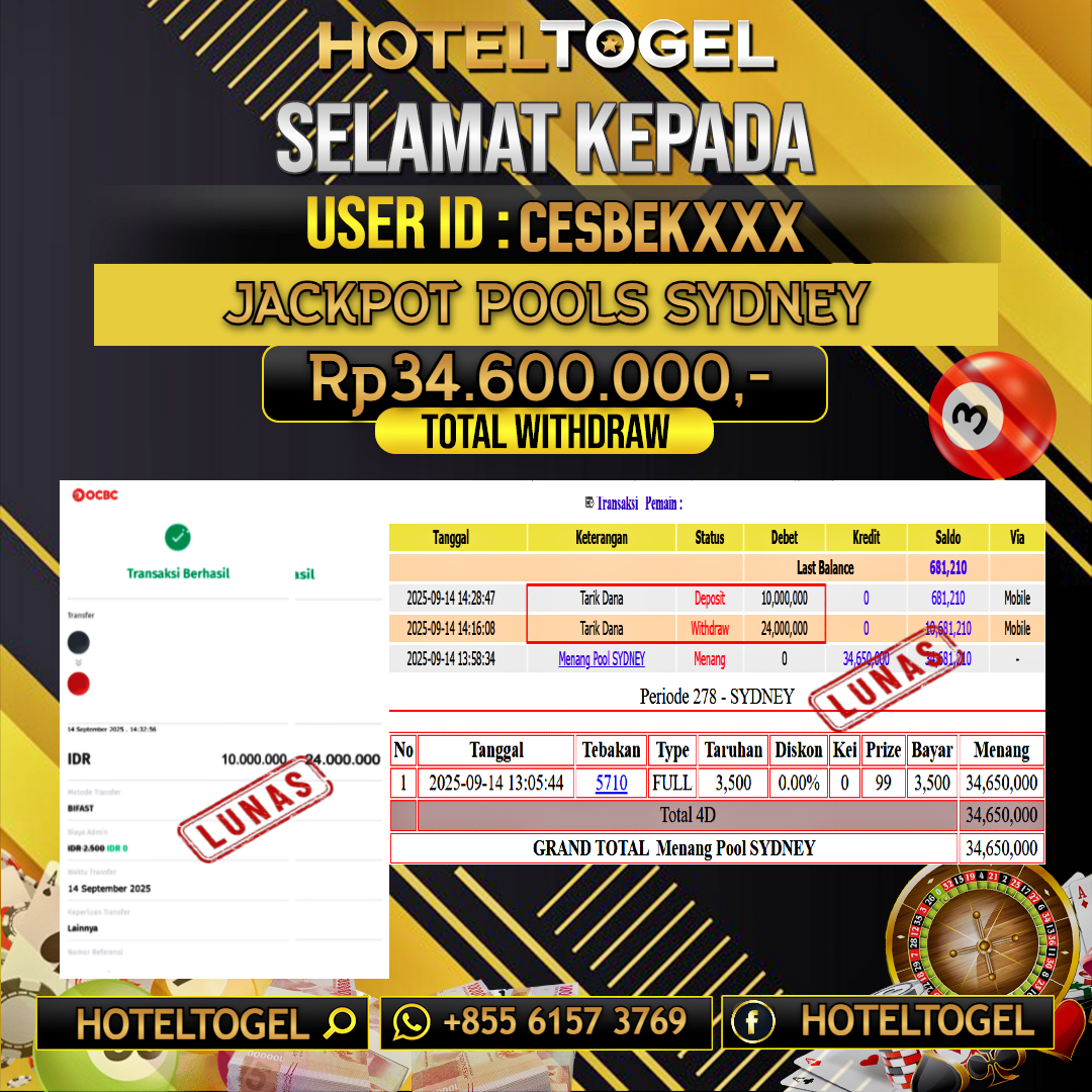 HOTELTOGEL JACKPOT TOGEL SYDNEY Rp.34.600.000 - LUNAS USER ID : CESBEK***