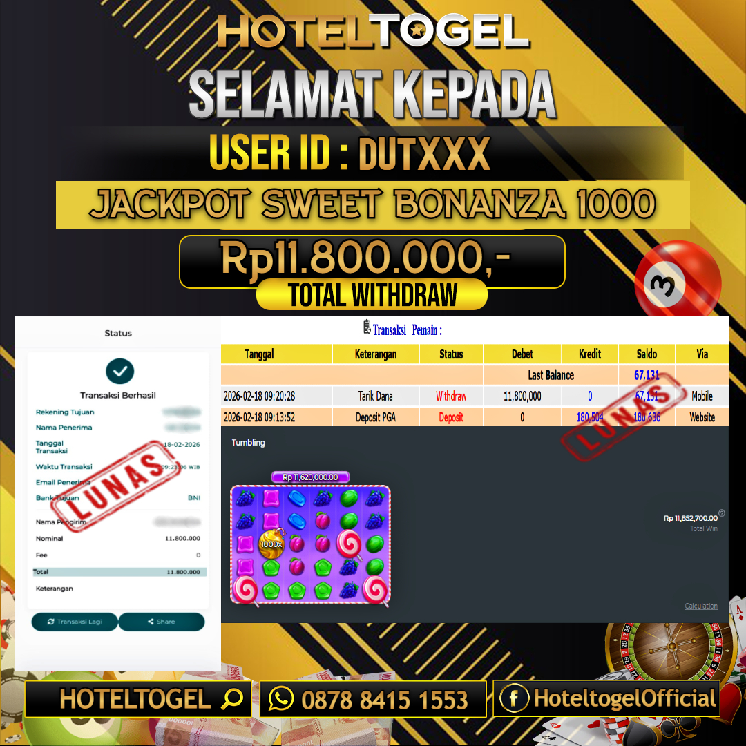 HOTELTOGEL JACKPOT SLOT SWEET BONANZA 1000 Rp.11.800.000 - LUNAS USER ID : DUT***