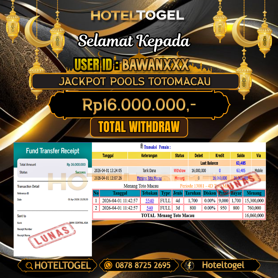 HOTELTOGEL JACKPOT TOGEL TOTOMACAU Rp.16.000.000 - LUNAS USER ID : BAWAN***