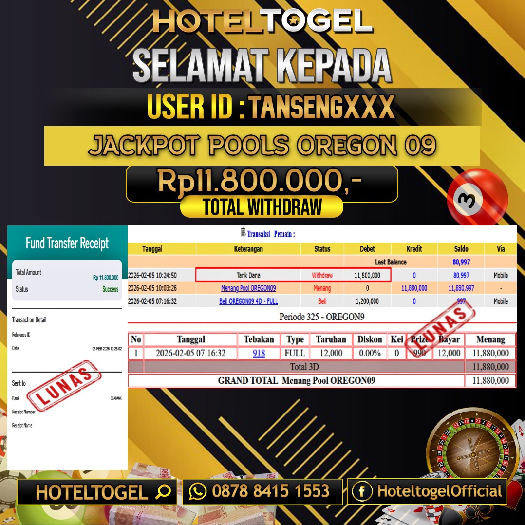 HOTELTOGEL JACKPOT TOGEL OREGON 09 Rp.11.800.000 - LUNAS USER ID : TANSENG***