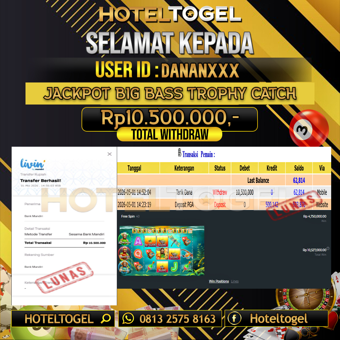 HOTELTOGEL JACKPOT TOGEL SLOT BIG BASS TROPHY CATCH Rp.10.500.000 - LUNAS USER ID : DANAN***