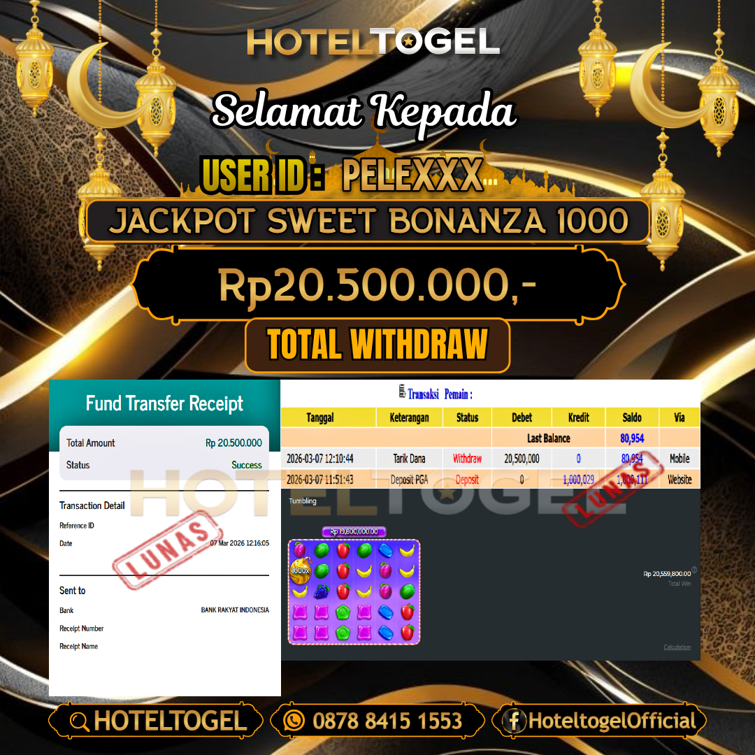 HOTELTOGEL JACKPOT SLOT SWEET BONANZA 1000 Rp.20.500.000 - LUNAS USER ID : PELE***