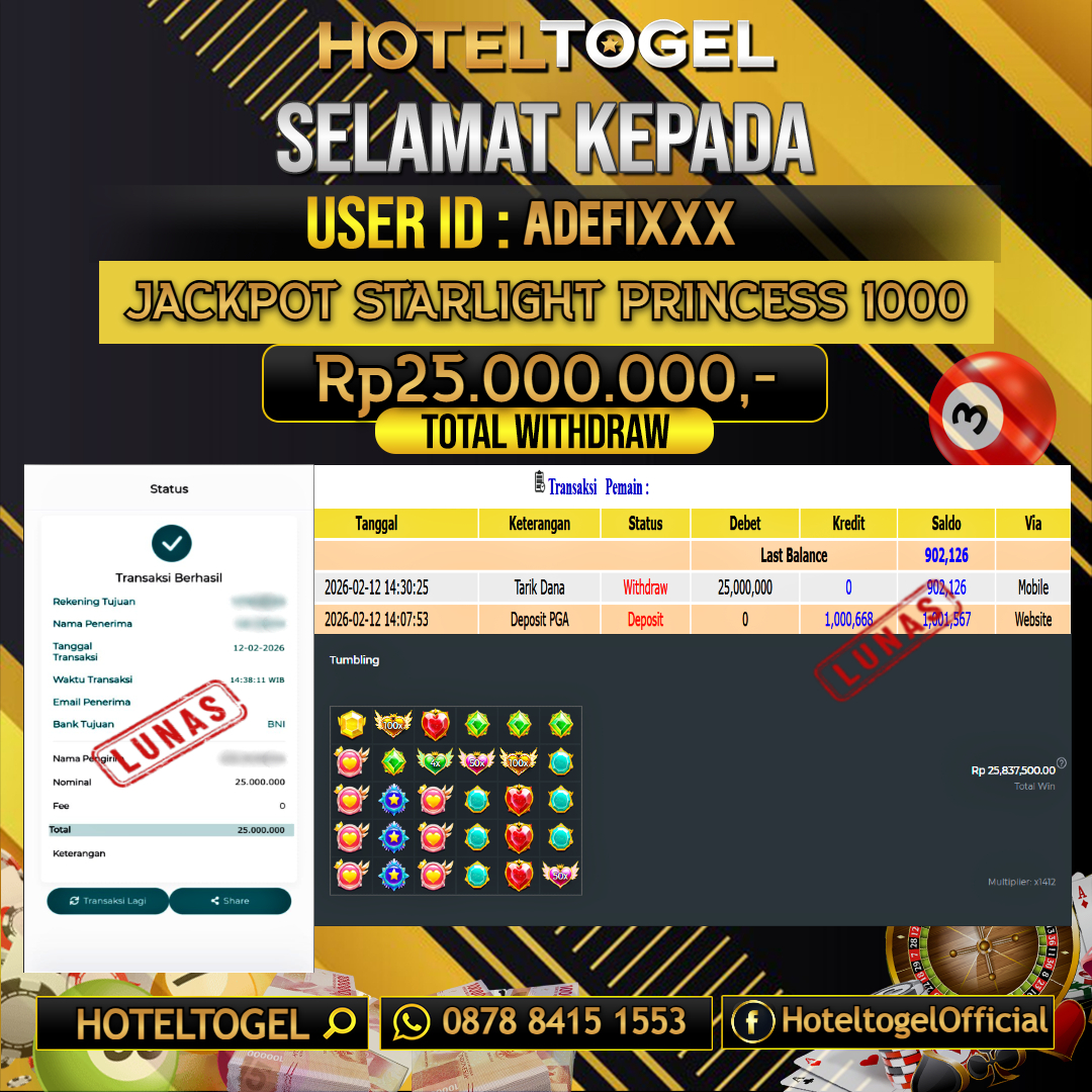 HOTELTOGEL JACKPOT SLOT STARLIGHT PRINCESS 1000 Rp.25.000.000 - LUNAS USER ID : ADEFI***