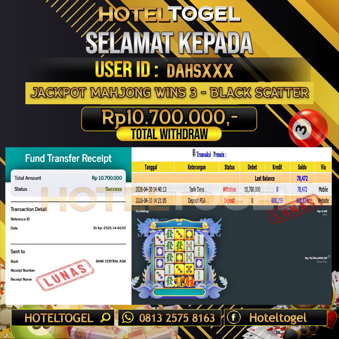 HOTELTOGEL JACKPOT SLOT MAHJONG WINS 3 - BLACK SCATTER Rp.10.700.000 - LUNAS USER ID : DAHS***
