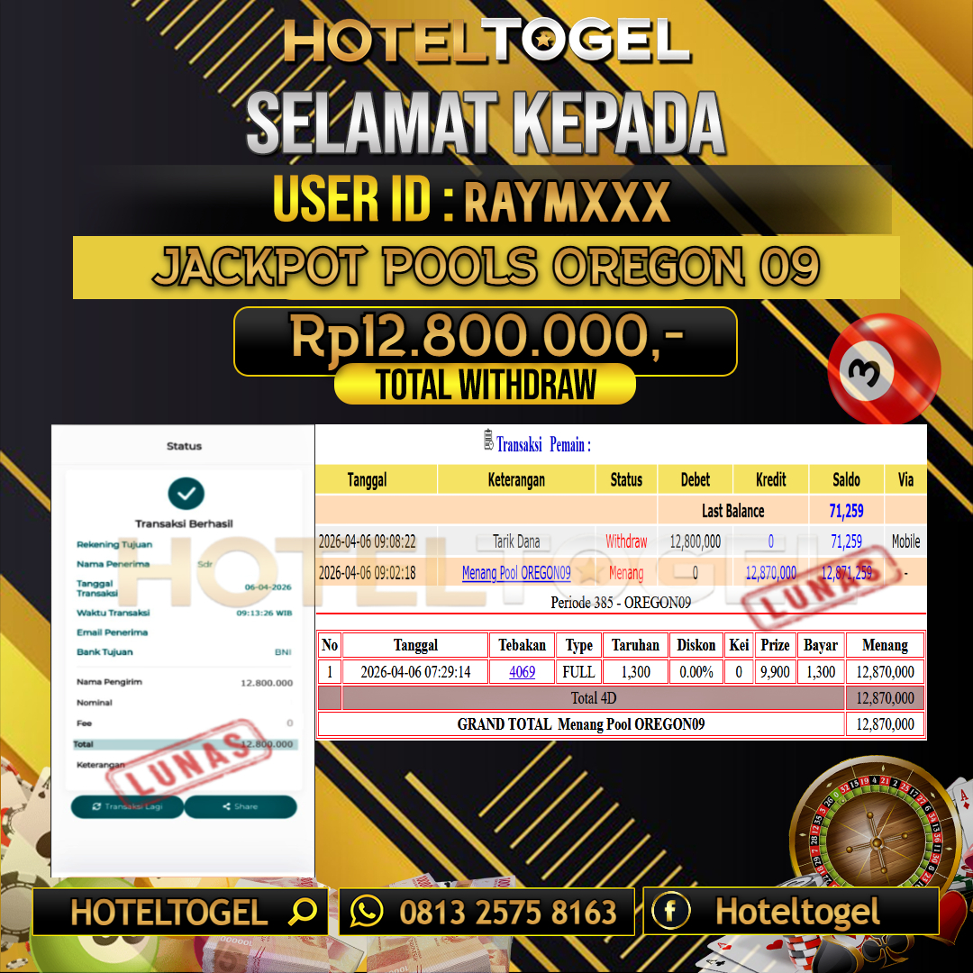 HOTELTOGEL JACKPOT TOGEL OREGON 09 Rp.12.800.000 - LUNAS USER ID : RAYM***