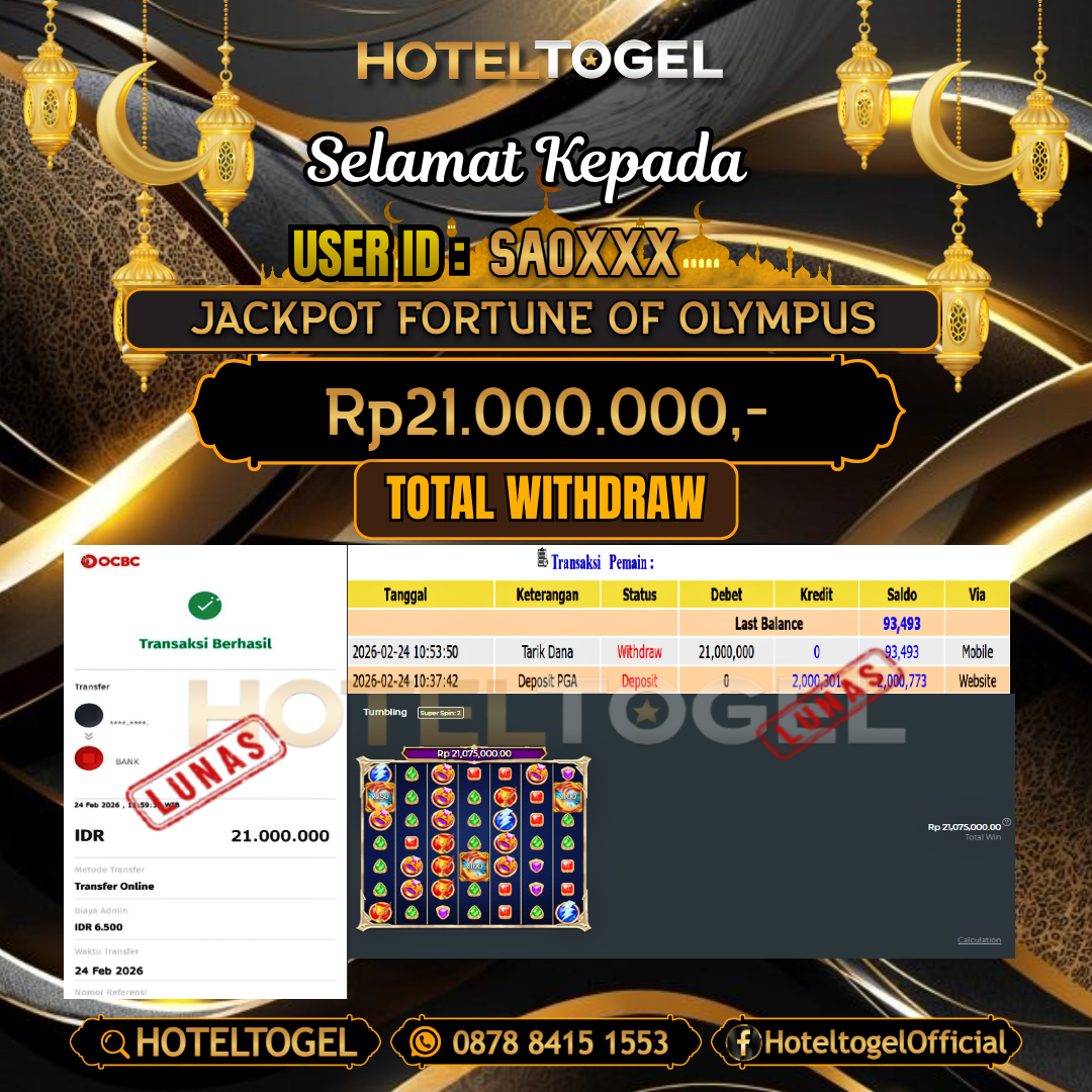 HOTELTOGEL JACKPOT SLOT FORTUNE OF OLYMPUS Rp.21.000.000 - LUNAS USER ID : SAO***