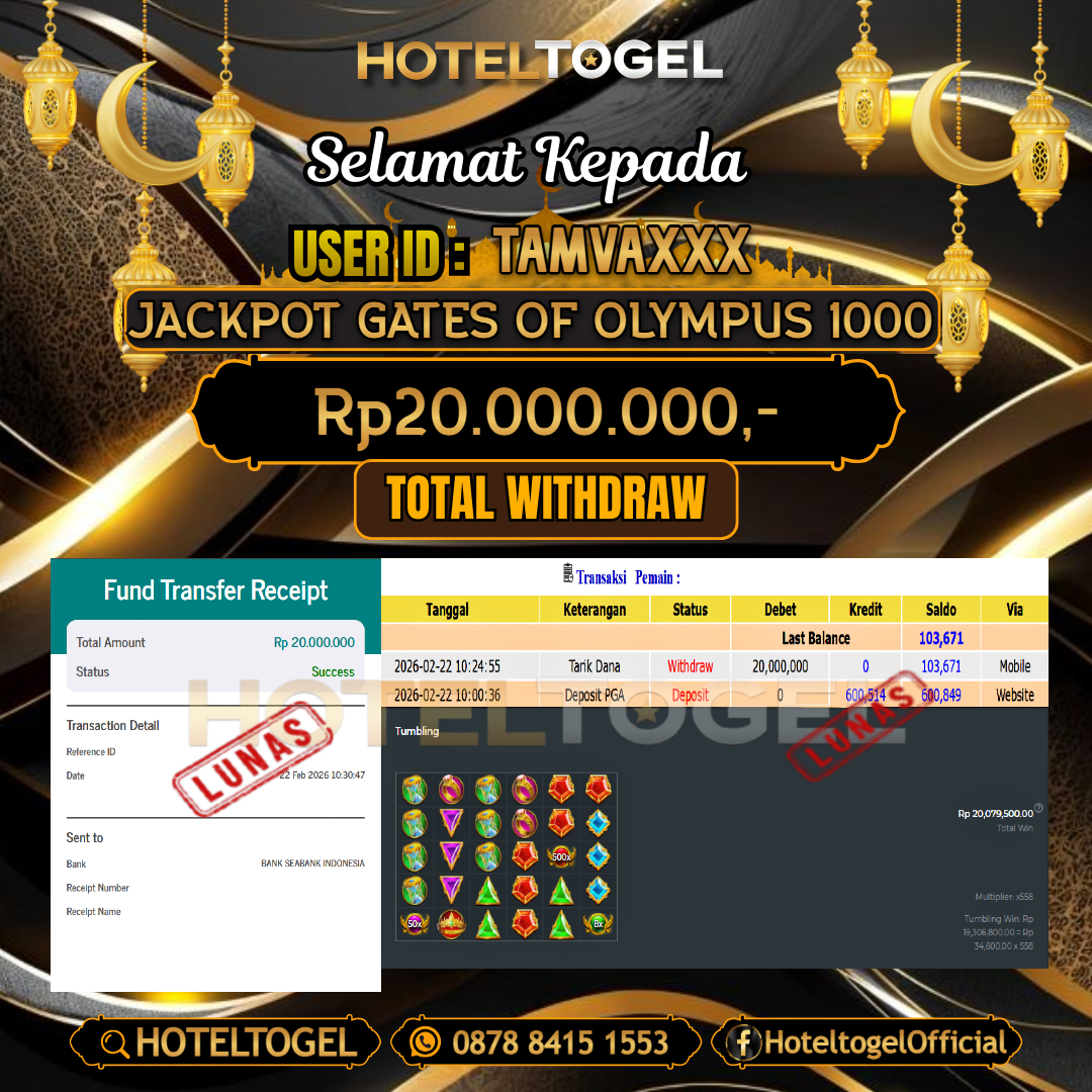 HOTELTOGEL JACKPOT SLOT GATES OF OLYMPUS 1000 Rp.20.000.000 - LUNAS USER ID : TAMVA***