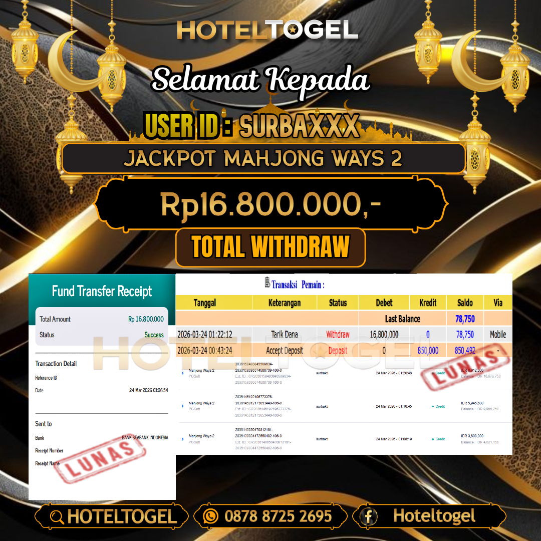 HOTELTOGEL JACKPOT SLOT MAHJONG WAYS 2 Rp.16.800.000 - LUNAS USER ID : SURBA***