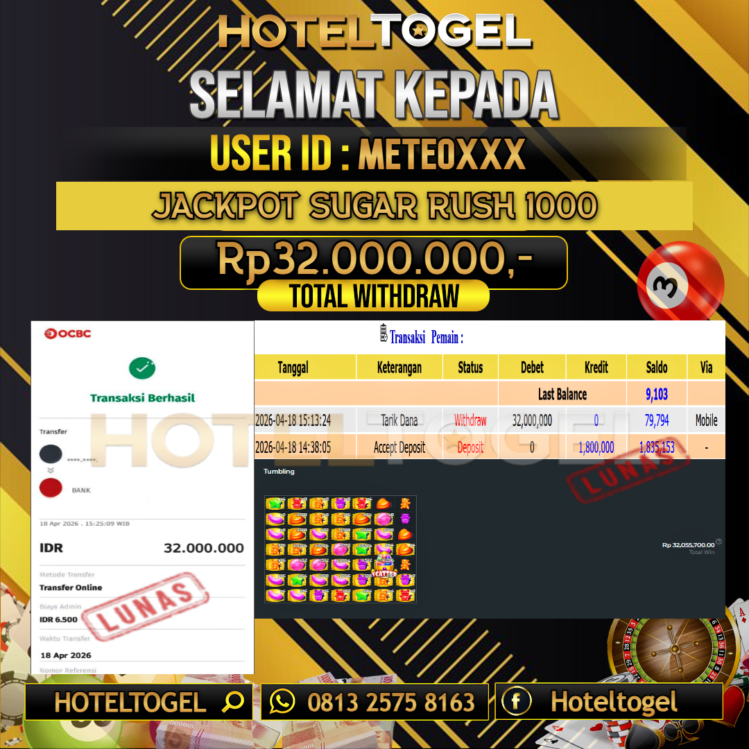 HOTELTOGEL JACKPOT SLOT SUGAR RUSH 1000 Rp.32.000.000 - LUNAS USER ID : METEO***