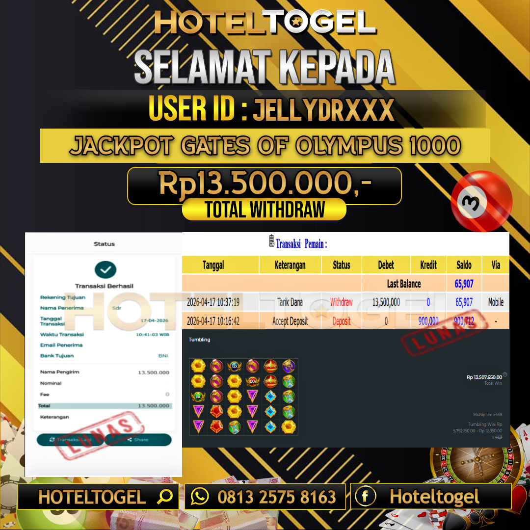 HOTELTOGEL JACKPOT SLOT GATES OF OLYMPUS 1000 Rp.13.500.000 - LUNAS USER ID : JELLYDR***