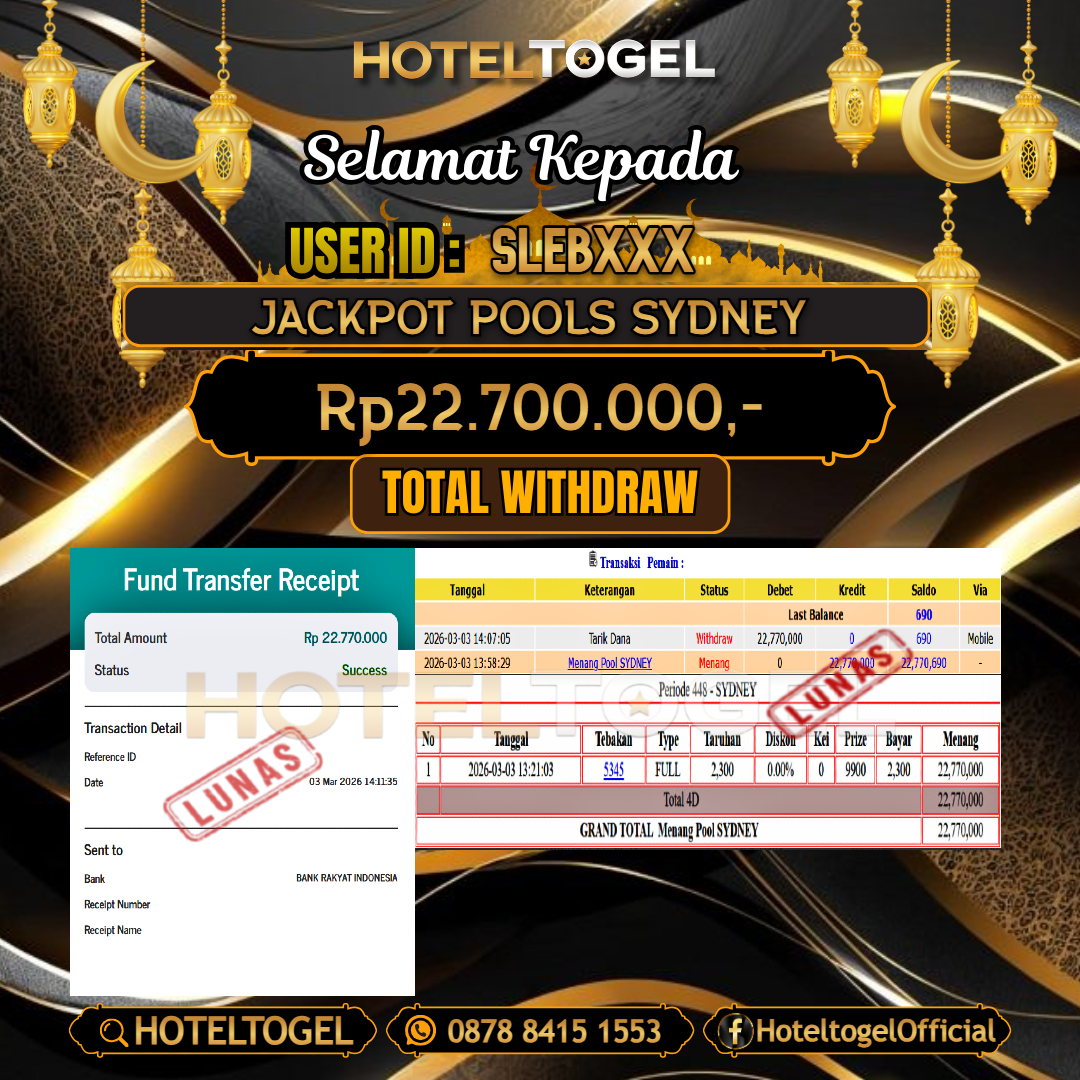 HOTELTOGEL JACKPOT TOGEL SYDNEY Rp.22.700.000 - LUNAS USER ID : SLEB***