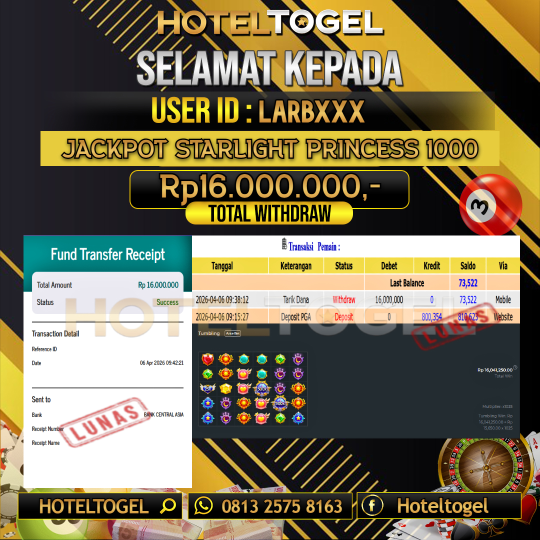 HOTELTOGEL JACKPOT SLOT STARLIGHT PRINCESS 1000 Rp.16.000.000 - LUNAS USER ID : LARB***