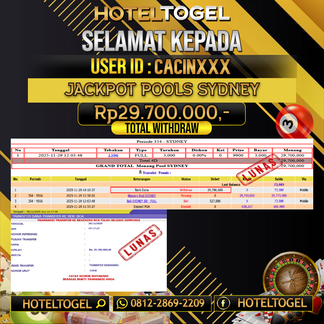 HOTELTOGEL JACKPOT TOGEL SYDNEY Rp.29.700.000 - LUNAS USER ID :  CACIN***