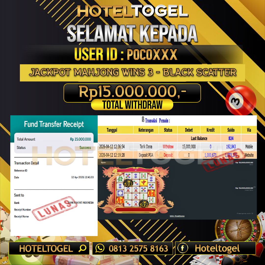 HOTELTOGEL JACKPOT SLOT MAHJONG WINS 3 - BLACK SCATTER Rp.15.000.000 - LUNAS USER ID : POCO***