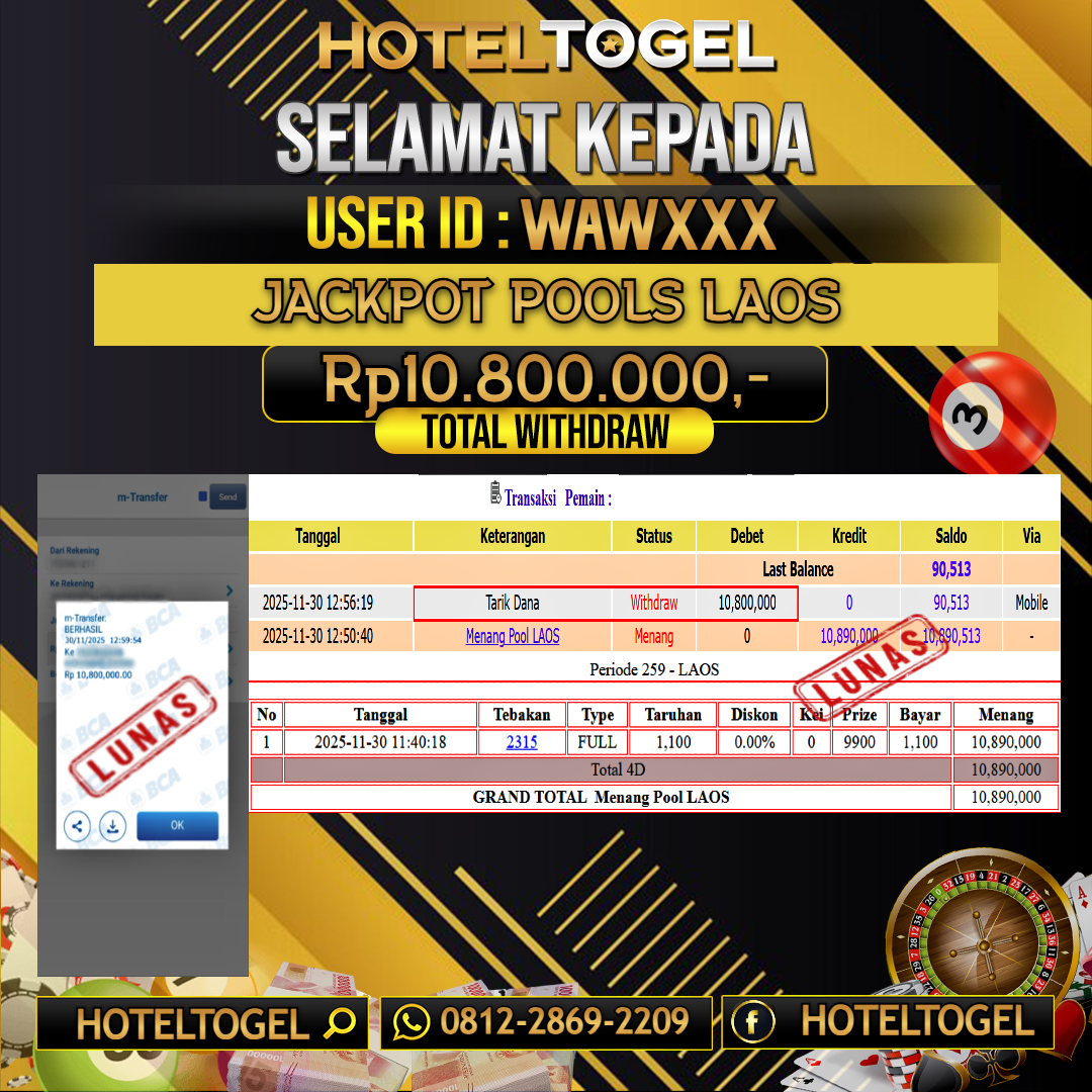 HOTELTOGEL JACKPOT TOGEL LAOS Rp.10.800.000 - LUNAS USER ID : WAW***