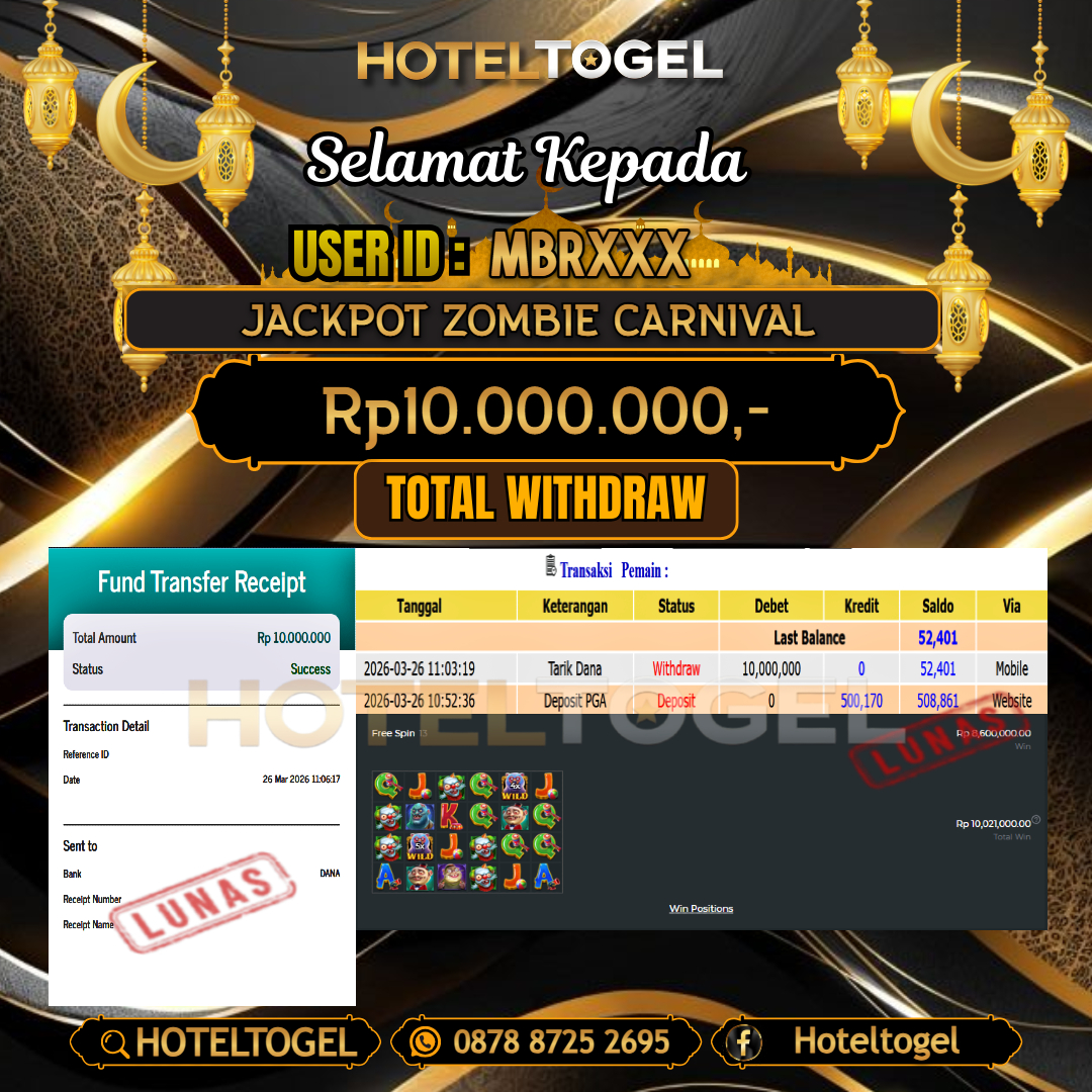 HOTELTOGEL JACKPOT SLOT ZOMBIE CARNAVAL Rp.10.000.000 - LUNAS USER ID : MBR***