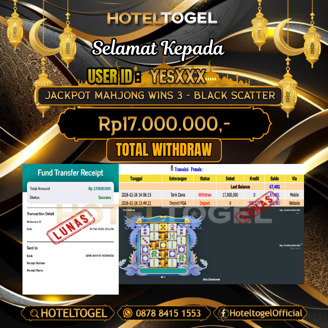 HOTELTOGEL JACKPOT SLOT MAHJONG WINS 3 - BLACK SCATTER Rp.17.000.000 - LUNAS USER ID : YES***
