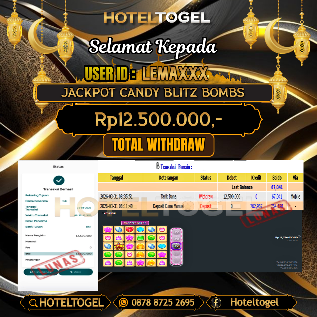 HOTELTOGEL JACKPOT SLOT CANDY BLITZ BOMBS Rp.12.500.000 - LUNAS USER ID : LEMA***