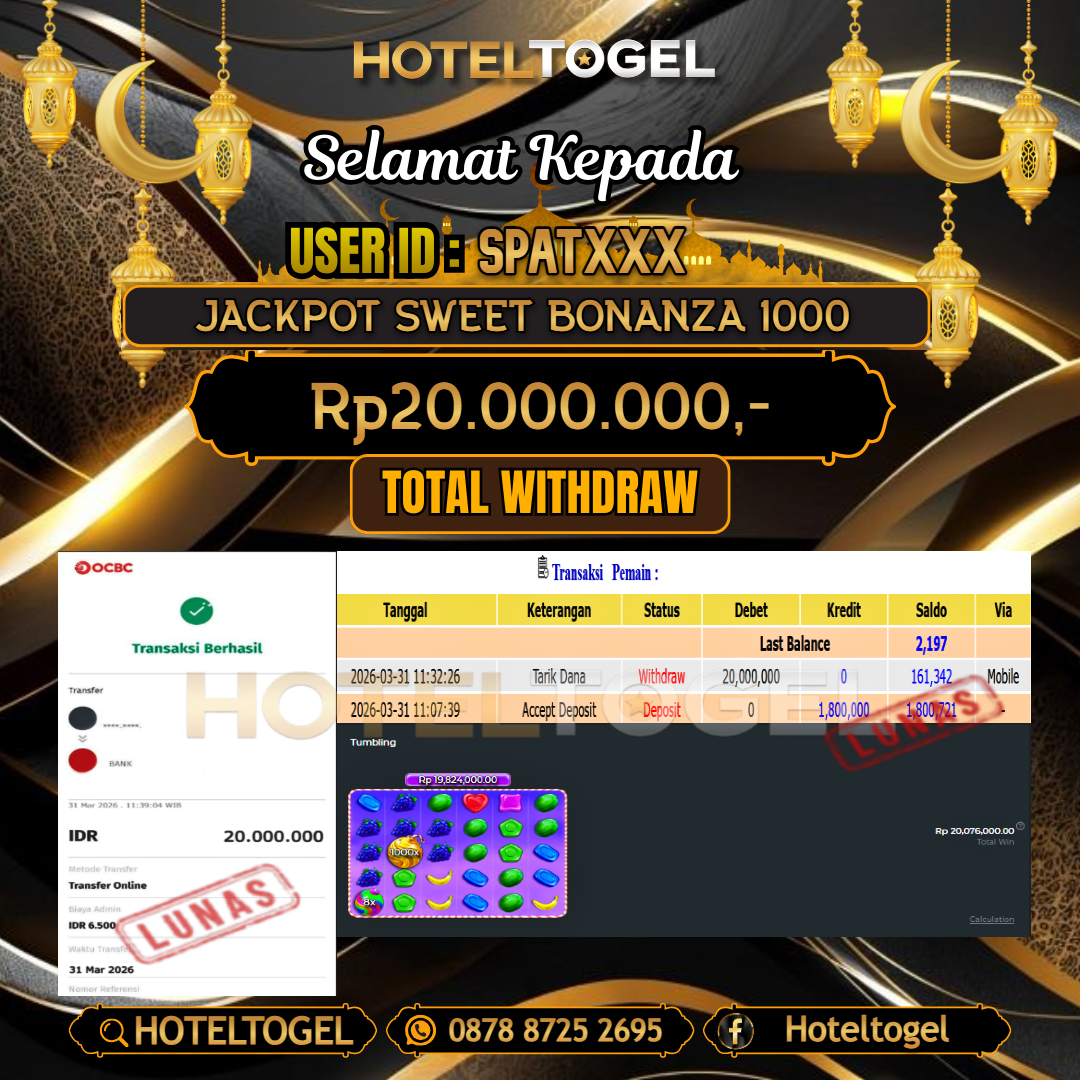 HOTELTOGEL JACKPOT SLOT SWEET BONANZA 1000 Rp.20.000.000 - LUNAS USER ID : SPAT***
