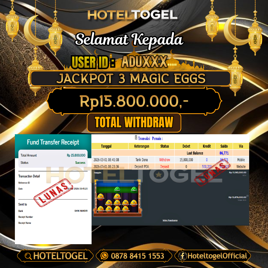 HOTELTOGEL JACKPOT SLOT 3 MAGIC EGGS Rp.15.800.000 - LUNAS USER ID : ADU***