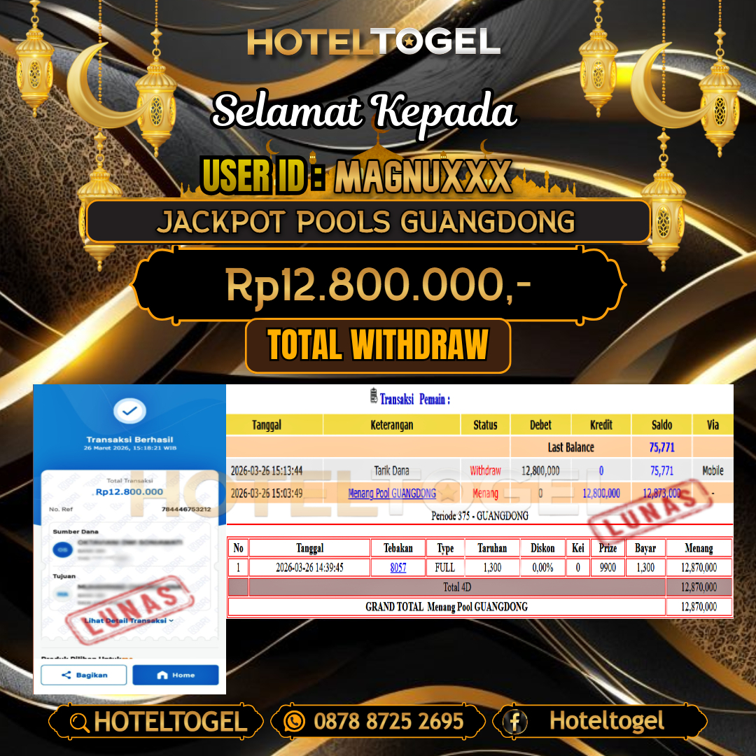 HOTELTOGEL JACKPOT TOGEL GUANGDONG Rp.12.800.000 - LUNAS USER ID : MAGNU***