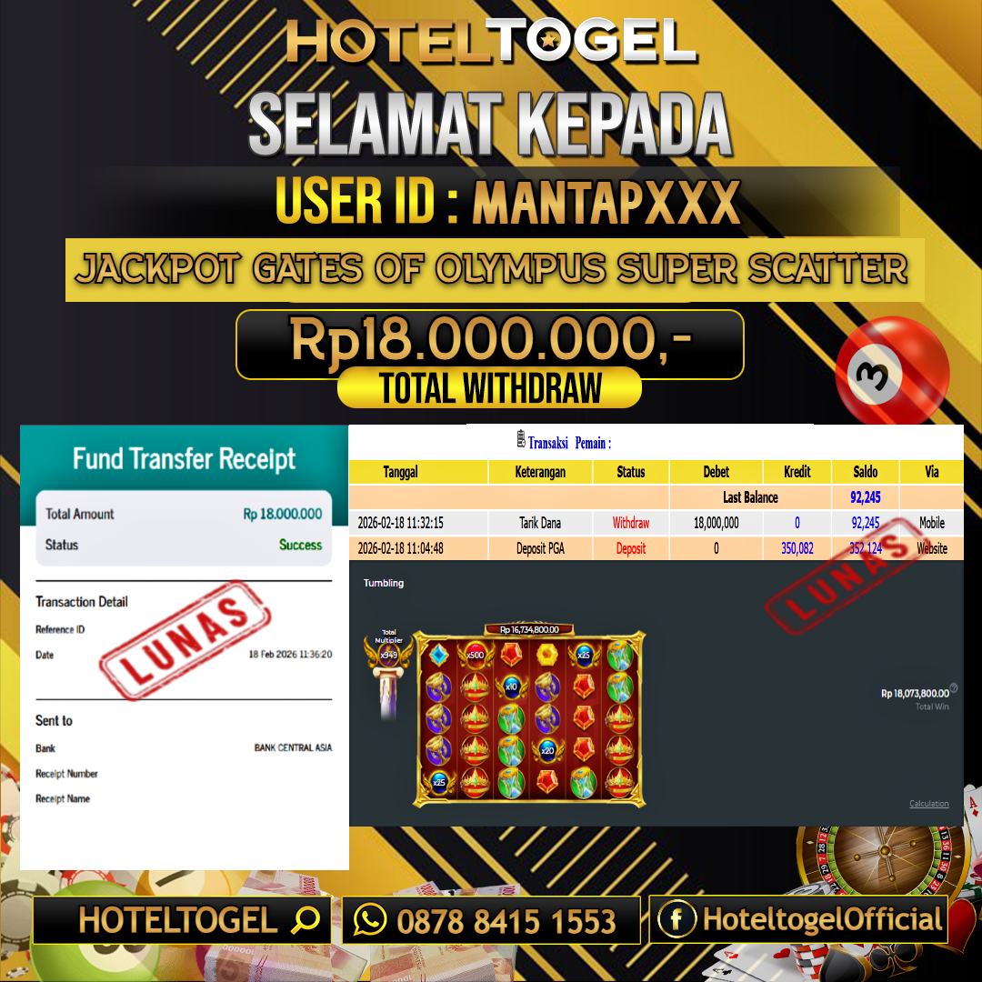 HOTELTOGEL JACKPOT SLOT GATES OF OLYMPUS SUPER SCATTER Rp.18.000.000 - LUNAS USER ID : MANTAP***