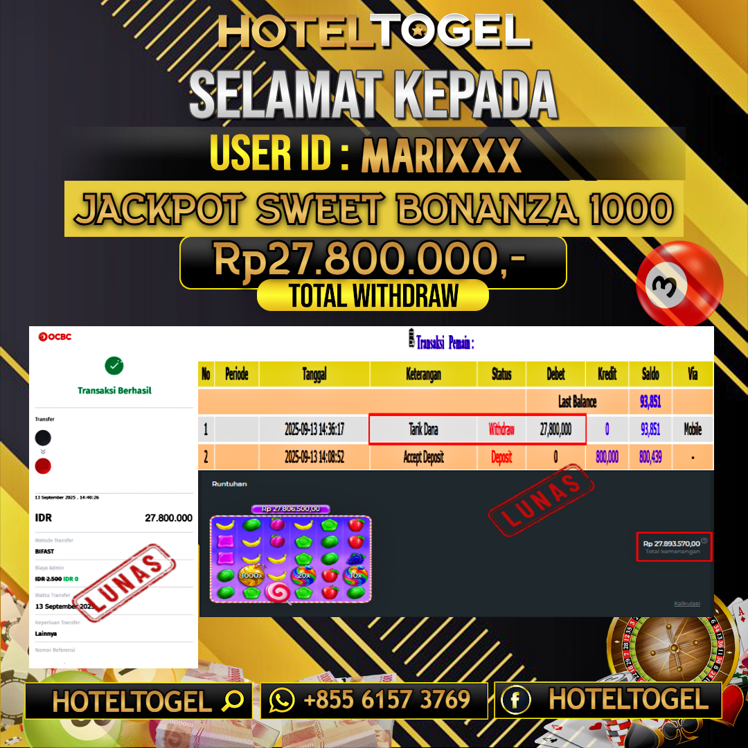 HOTELTOGEL JACKPOT SLOT SWEET BONANZA 1000 Rp.27.800.000 - LUNAS USER ID : MARI***
