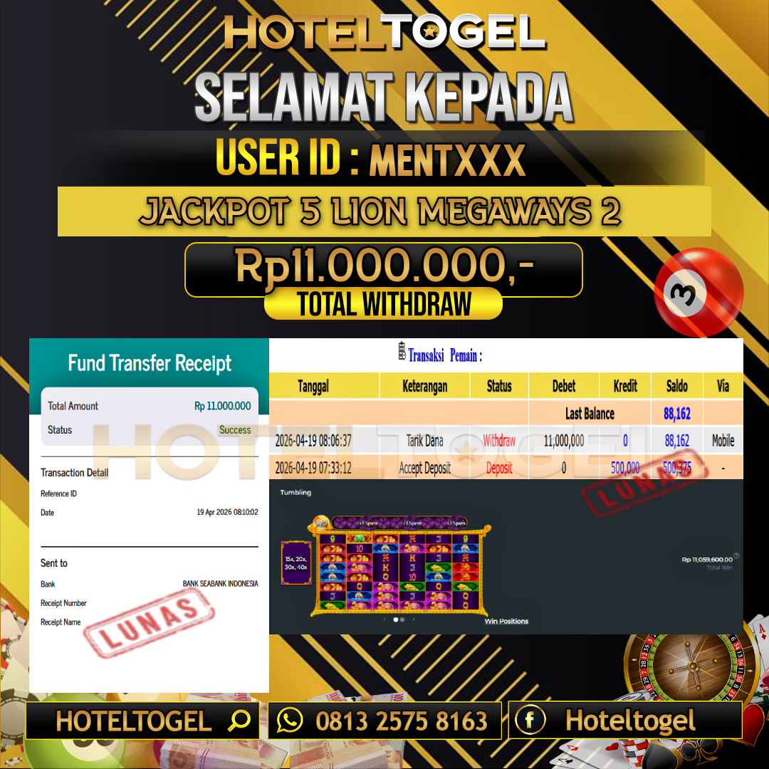 HOTELTOGEL JACKPOT SLOT 5 LION MEGAWAYS 2 Rp.11.000.000 - LUNAS USER ID : MENT***