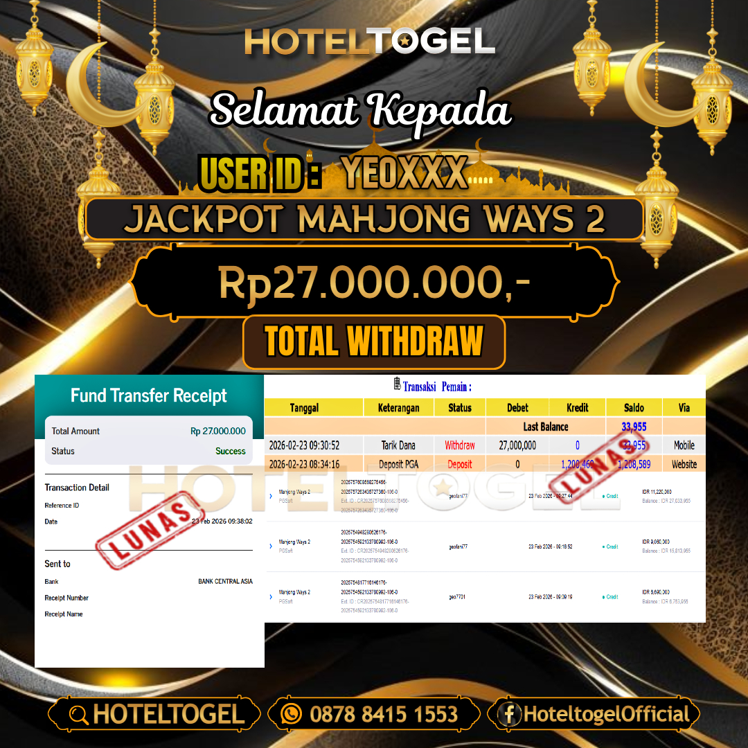 HOTELTOGEL JACKPOT SLOT MAHJONG WAYS 2 Rp.27.000.000 - LUNAS USER ID : YEO***