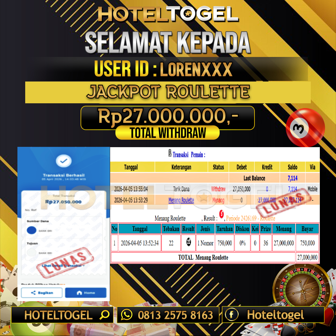 HOTELTOGEL JACKPOT CASINO ROULETTE Rp.27.000.000 - LUNAS USER ID : LOREN***