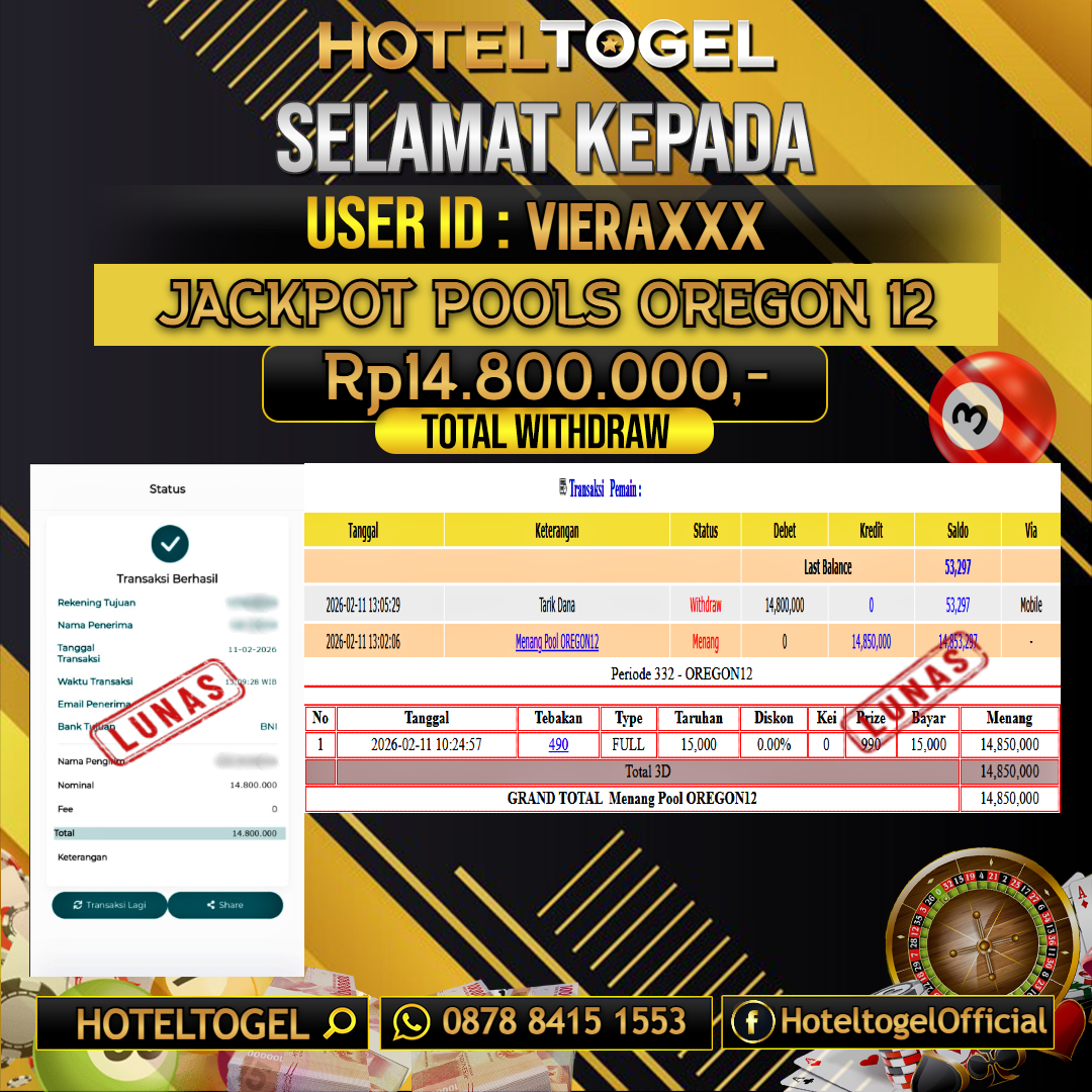 HOTELTOGEL JACKPOT TOGEL OREGON 12 Rp.14.800.000 - LUNAS USER ID : VIERA***