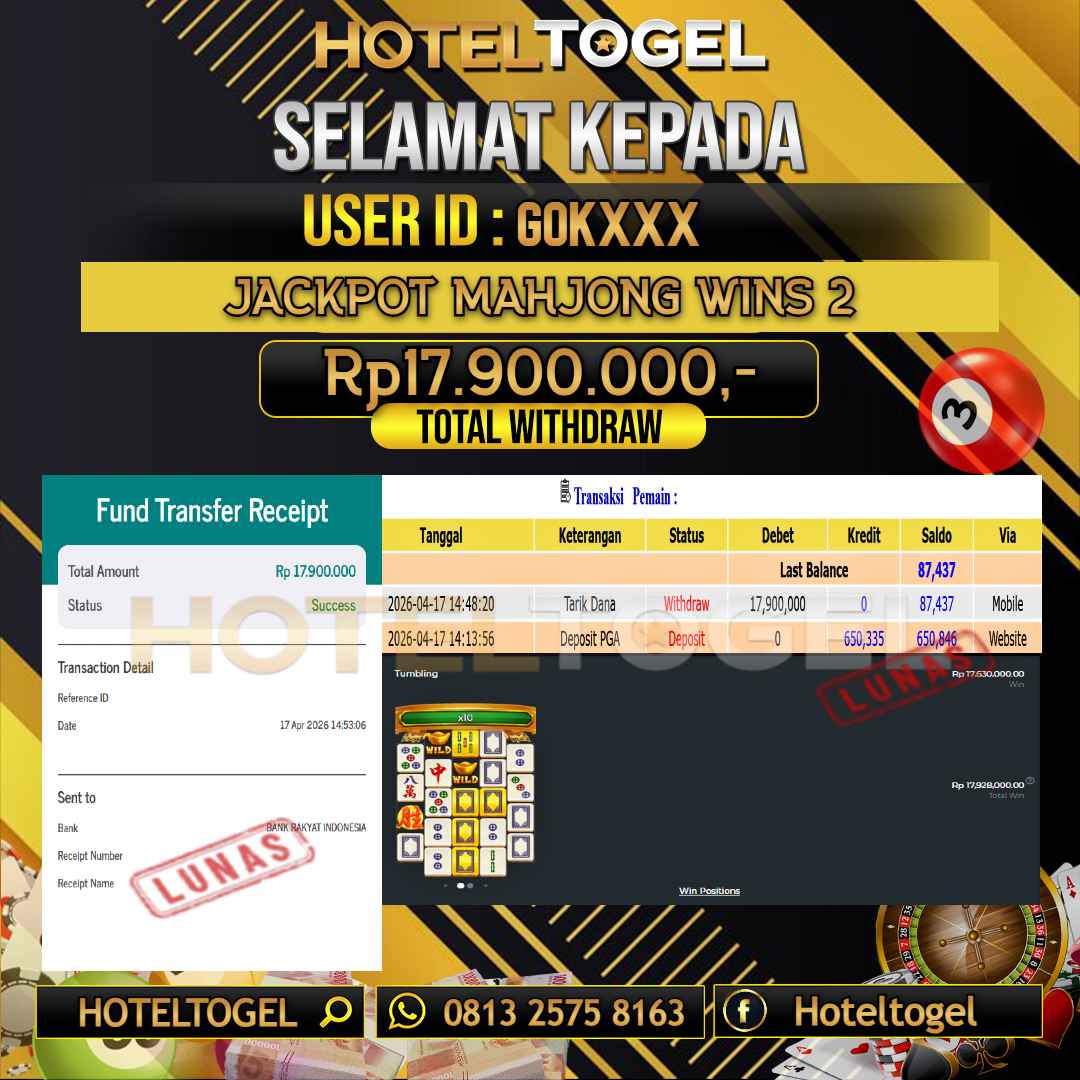 HOTELTOGEL JACKPOT SLOT MAHJONG WINS 2 Rp.17.900.000 - LUNAS USER ID : GOK***