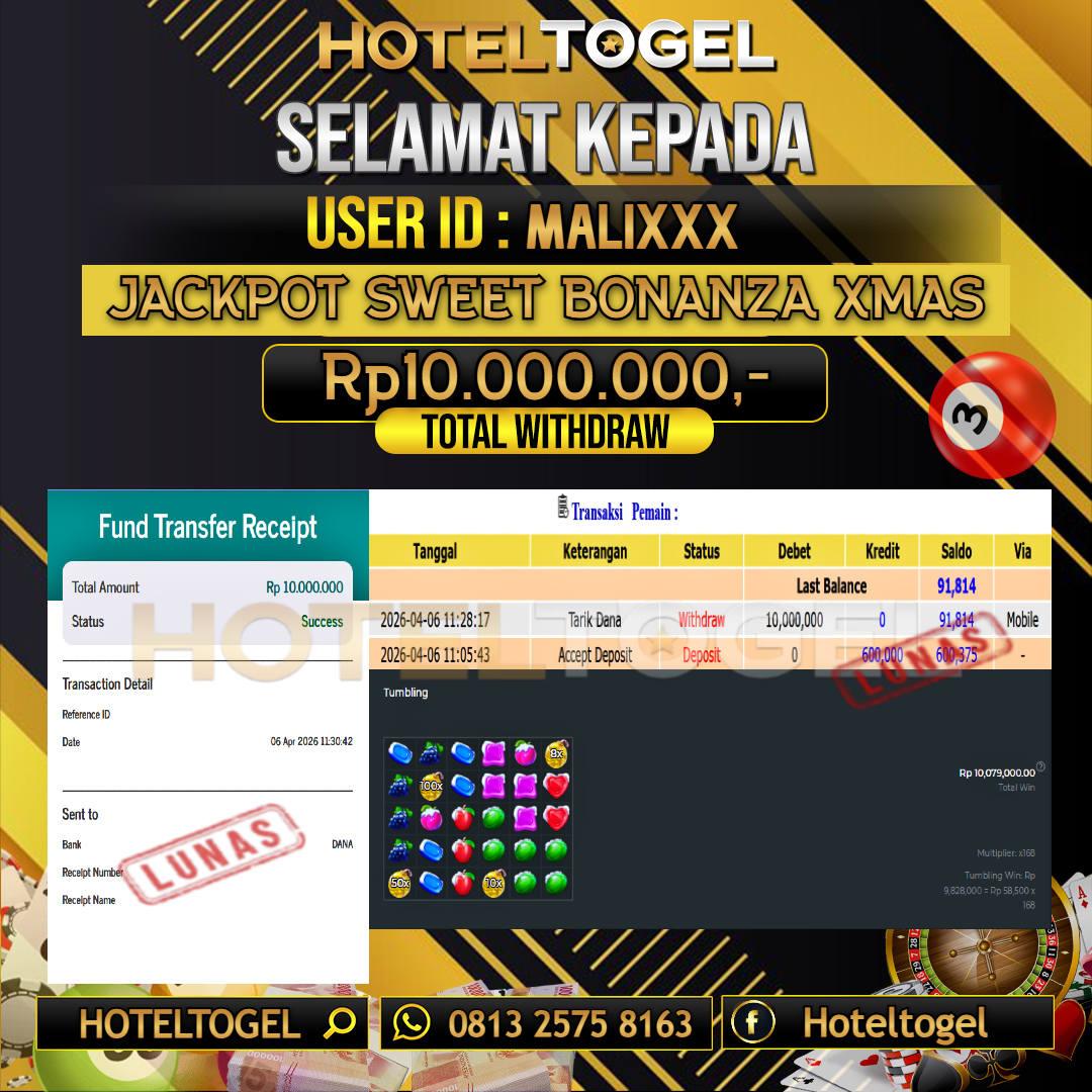 HOTELTOGEL JACKPOT SLOT SWEET BONANZA XMAS Rp.10.000.000 - LUNAS USER ID : MALI***