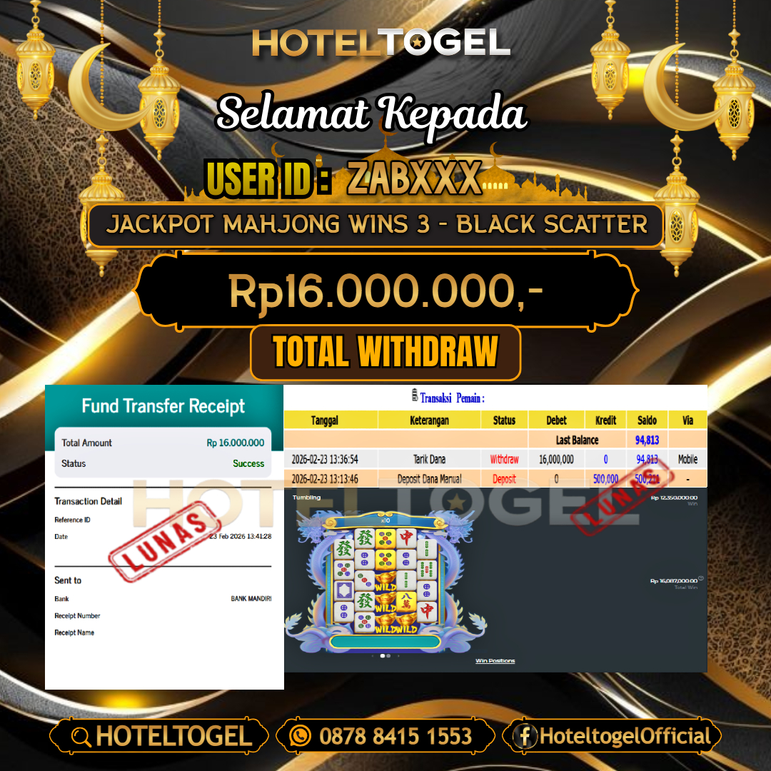 HOTELTOGEL JACKPOT SLOT MAHJONG WINS 3 - BLACK SCATTER Rp.16.000.000 - LUNAS USER ID : ZAB***