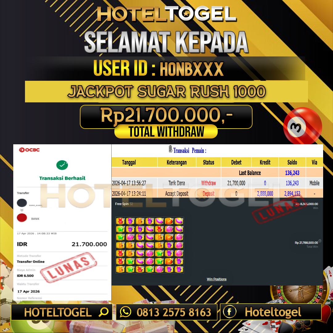 HOTELTOGEL JACKPOT SLOT SUGAR RUSH 1000 Rp.21.700.000 - LUNAS USER ID : HONB***