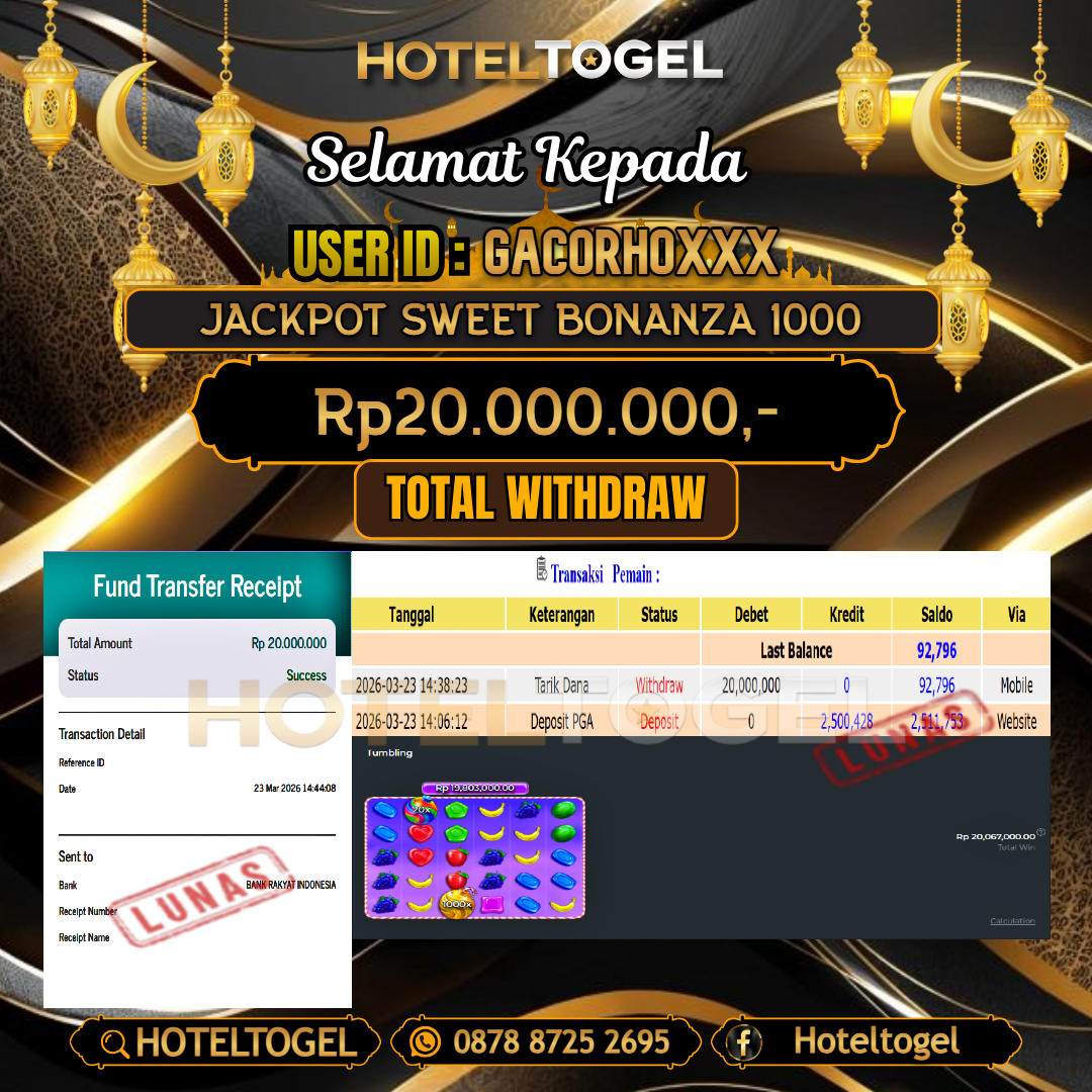 HOTELTOGEL JACKPOT SLOT SWEET BONANZA 1000 Rp.20.000.000 - LUNAS USER ID : GACORHO***