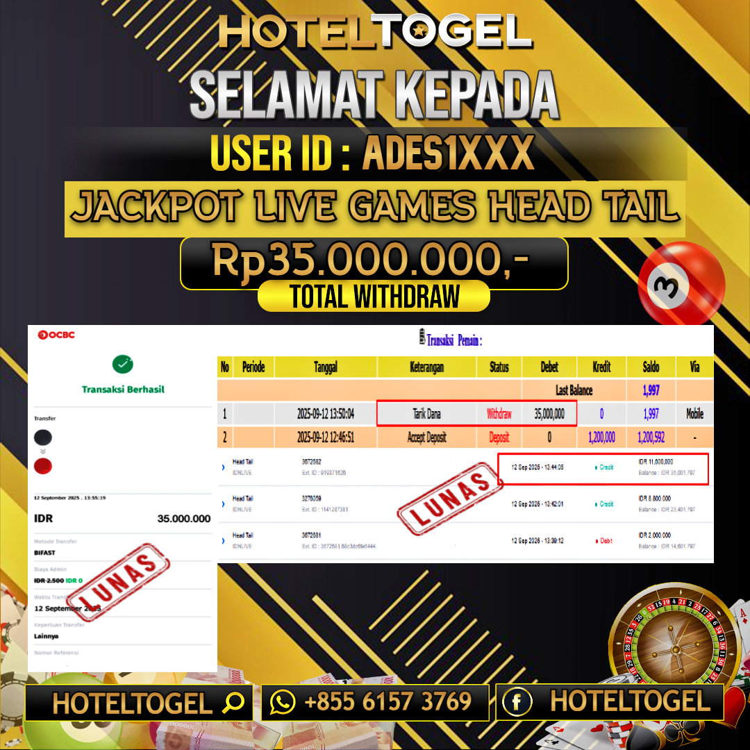 HOTELTOGEL JACKPOT LIVE GAMES HEAD TAIL Rp.35.000.000 - LUNAS USER ID : ADES1***