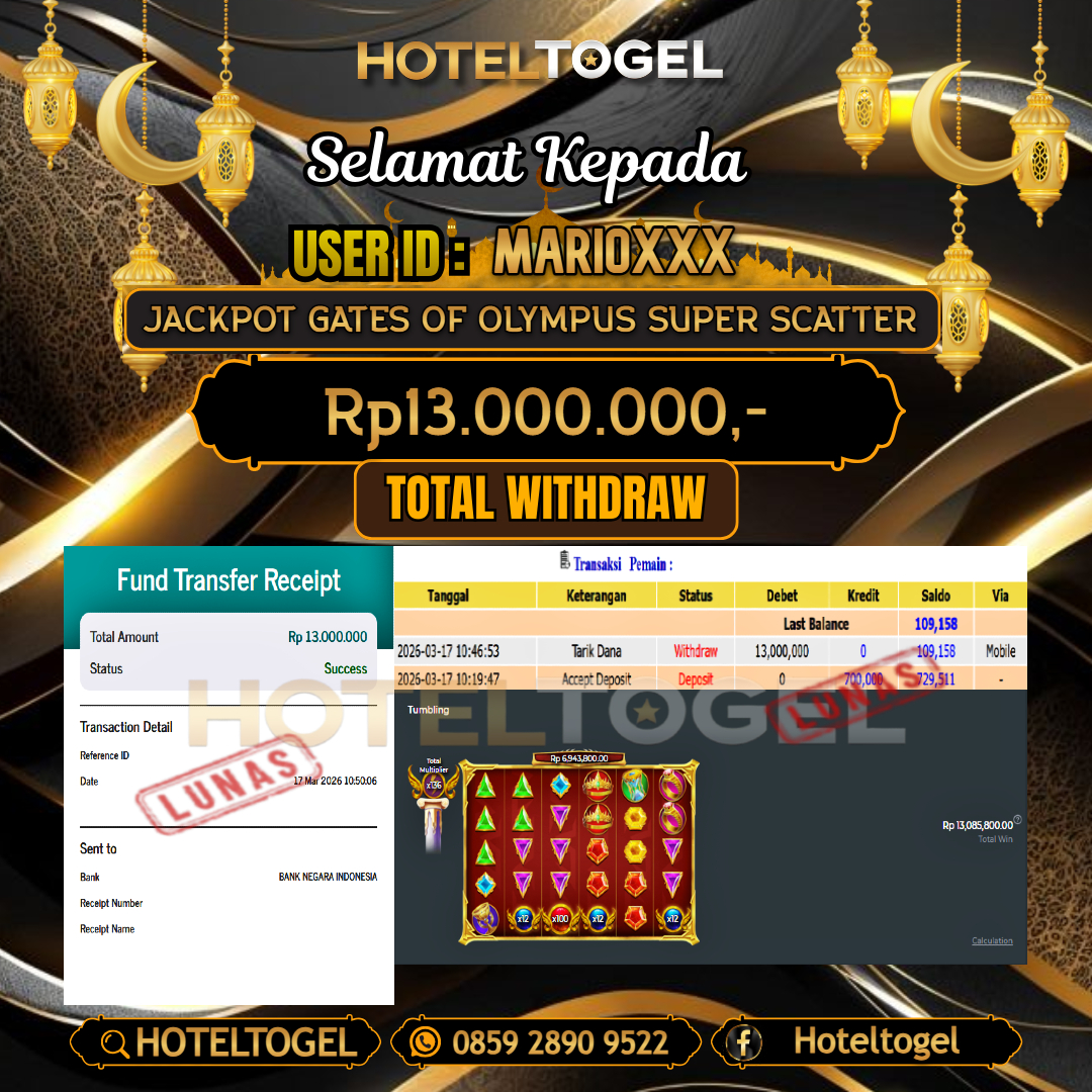 HOTELTOGEL JACKPOT SLOT GATES OF OLYMPUS SUPER SCATTER Rp.13.000.000 - LUNAS USER ID :  MARIO***