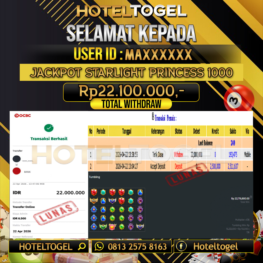 HOTELTOGEL JACKPOT SLOT STARLIGHT PRINCESS 1000 Rp.22.100.000 - LUNAS USER ID : MAXXX***
