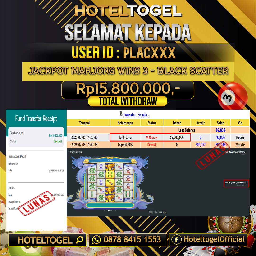HOTELTOGEL JACKPOT SLOT MAHJONG WINS 3 - BLACK SCATTER Rp.15.800.000 - LUNAS USER ID : PLAC***