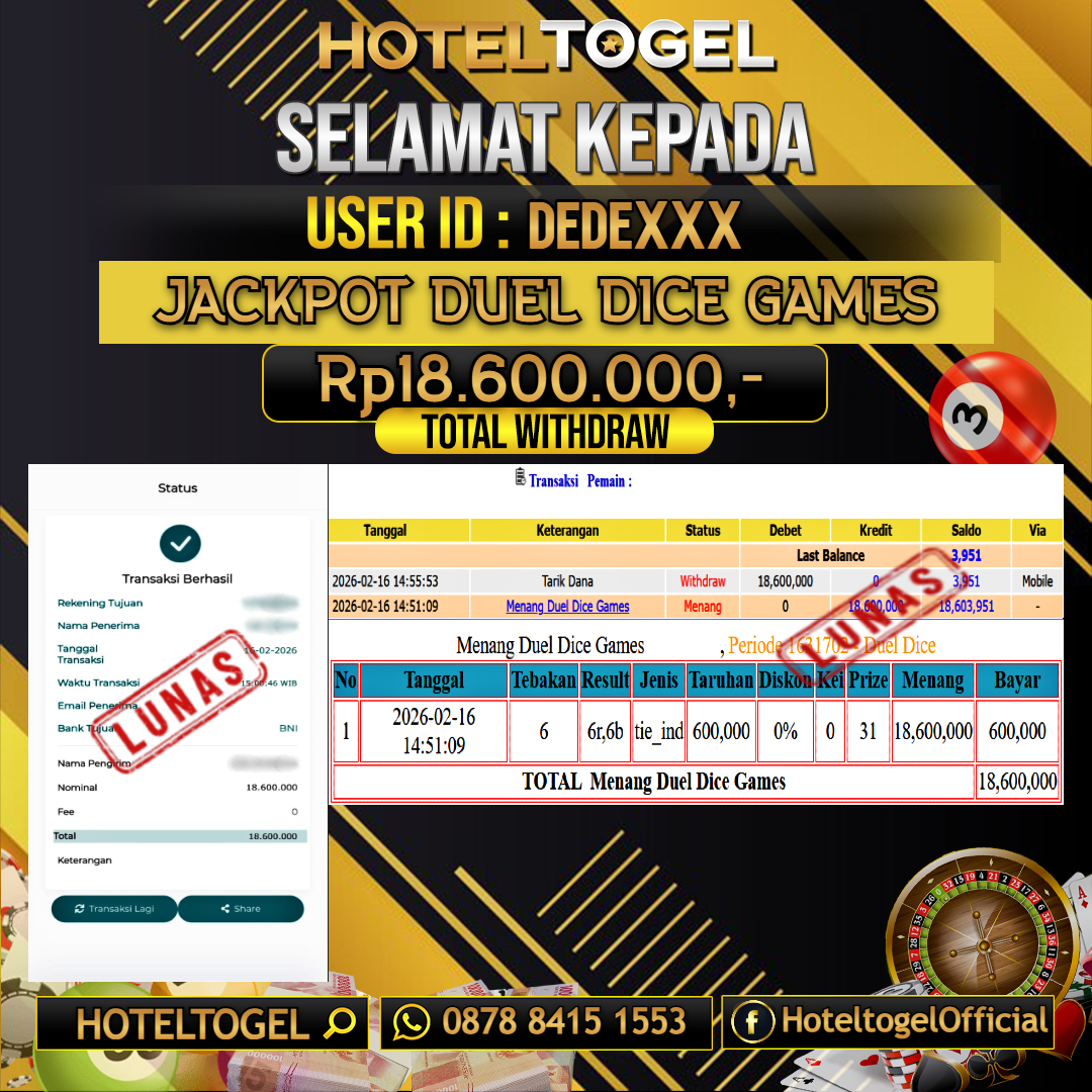 HOTELTOGEL JACKPOT CASINO DUEL DICE GAMES Rp.18.600.000 - LUNAS USER ID : DEDE***