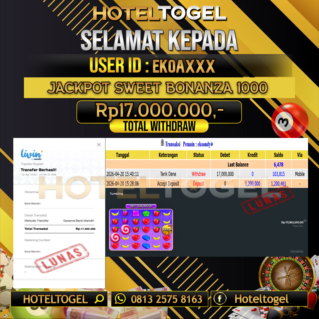 HOTELTOGEL JACKPOT SLOT SWEET BONANZA 1000 Rp.17.000.000 - LUNAS USER ID : EKOA***