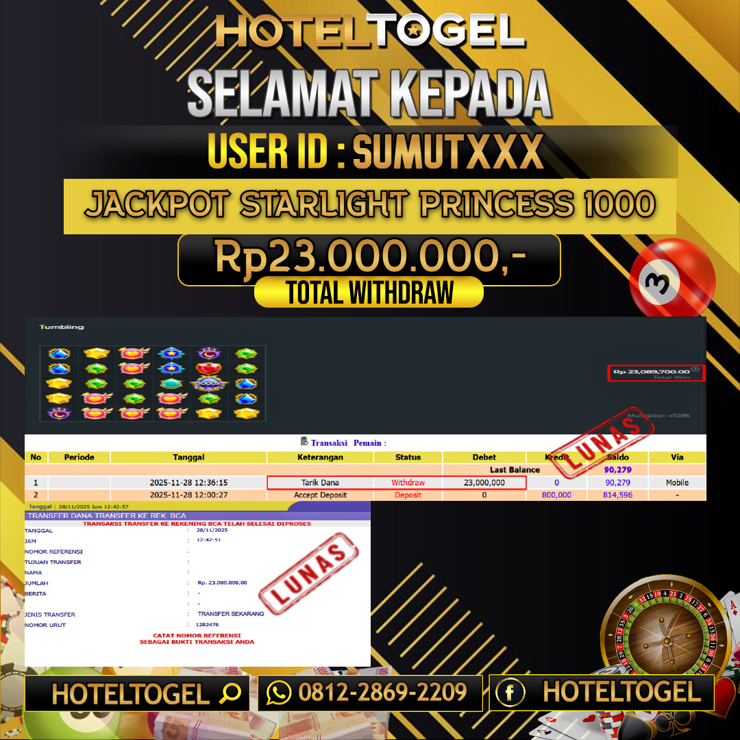 HOTELTOGEL JACKPOT SLOT STARLIGHT PRINCESS 1000 Rp.23.000.000 - LUNAS USER ID : SUMUT***