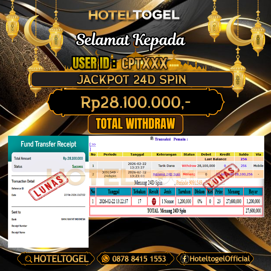HOTELTOGEL JACKPOT CASINO 24D SPIN Rp.28.100.000 - LUNAS USER ID : CPT***