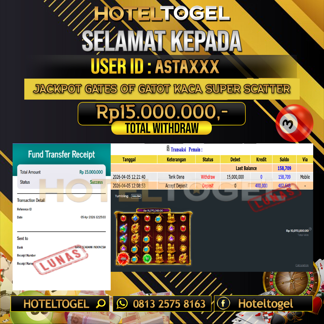 HOTELTOGEL JACKPOT SLOT GATES OF GATOT KACA SUPER SCATTER Rp.15.000.000 - LUNAS USER ID : ASTA***