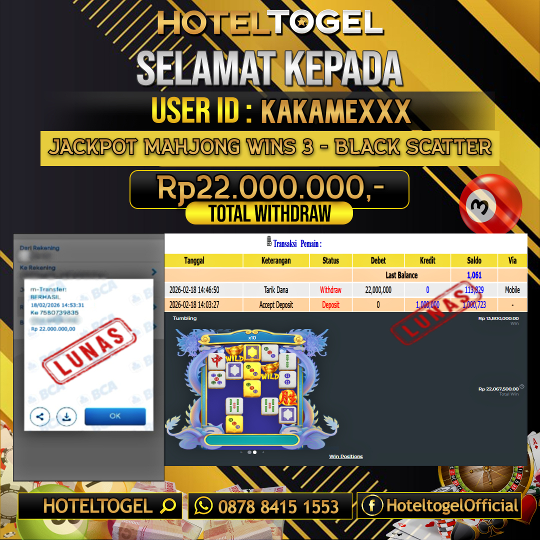 HOTELTOGEL JACKPOT SLOT MAHJONG WINS 3 - BLACK SCATTER Rp.22.000.000 - LUNAS USER ID : KAKAME***