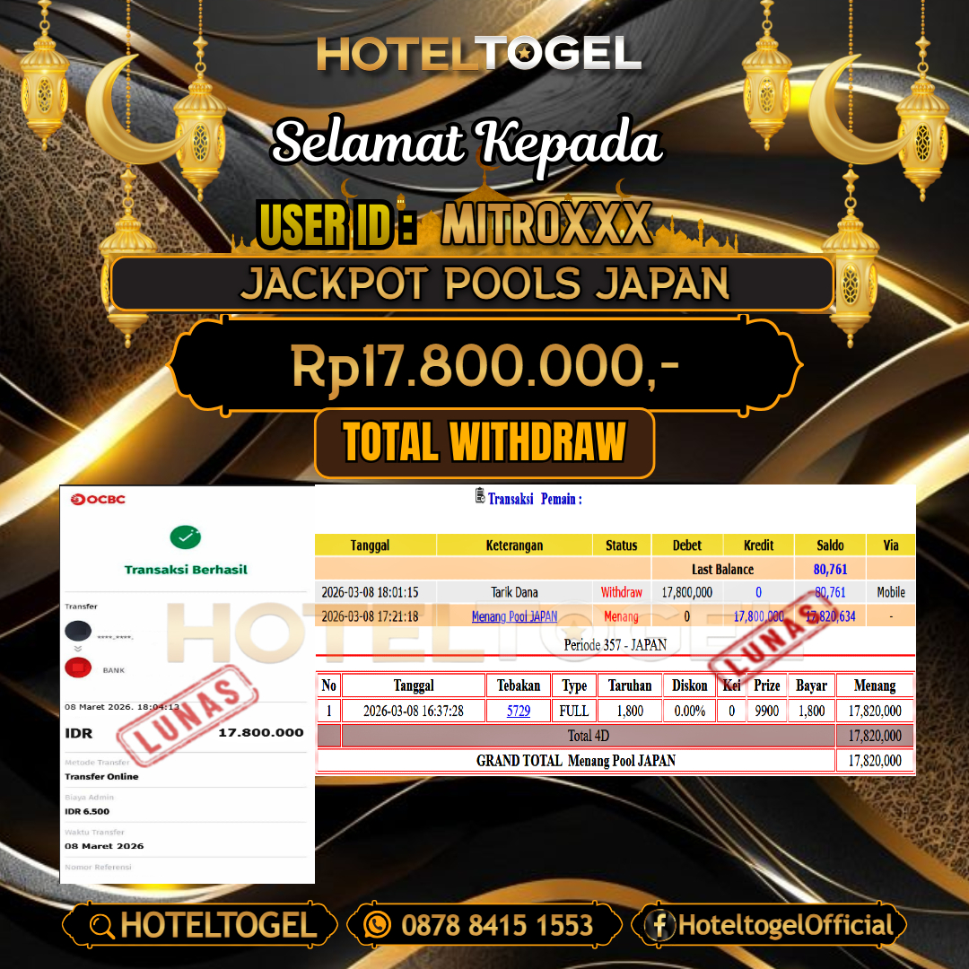 HOTELTOGEL JACKPOT TOGEL JAPAN Rp.17.800.000 - LUNAS USER ID : MITRO***