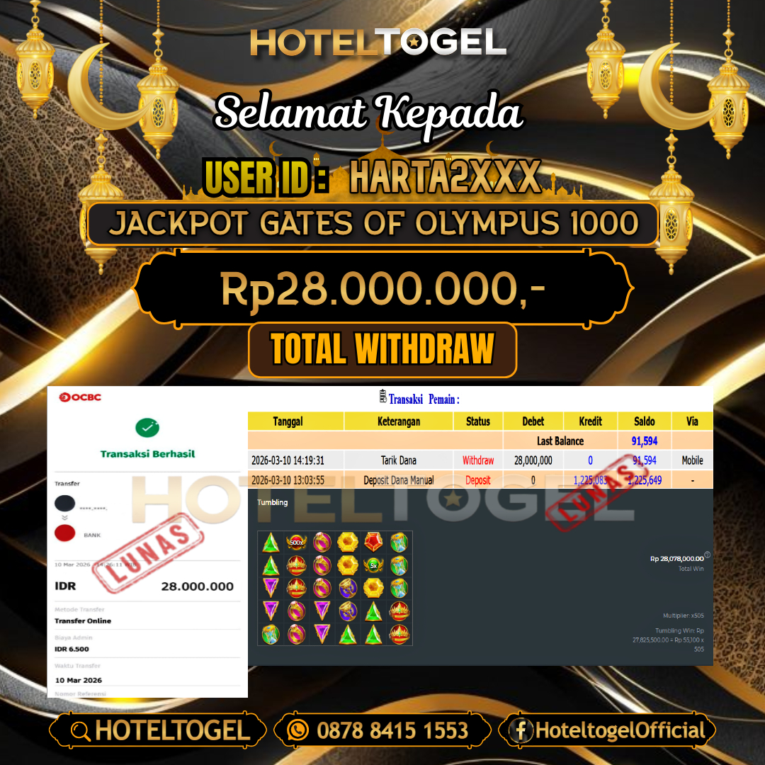 HOTELTOGEL JACKPOT SLOT GATES OF OLYMPUS 1000 Rp.28.000.000 - LUNAS USER ID :  HARTA2***