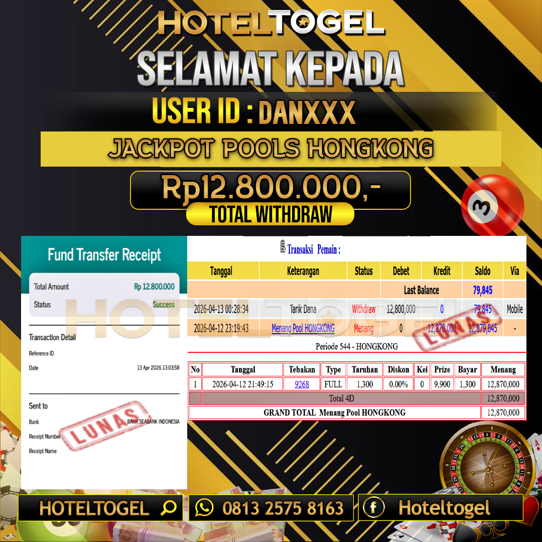 HOTELTOGEL JACKPOT TOGEL HONGKONG Rp.12.800.000 - LUNAS USER ID : DAN***